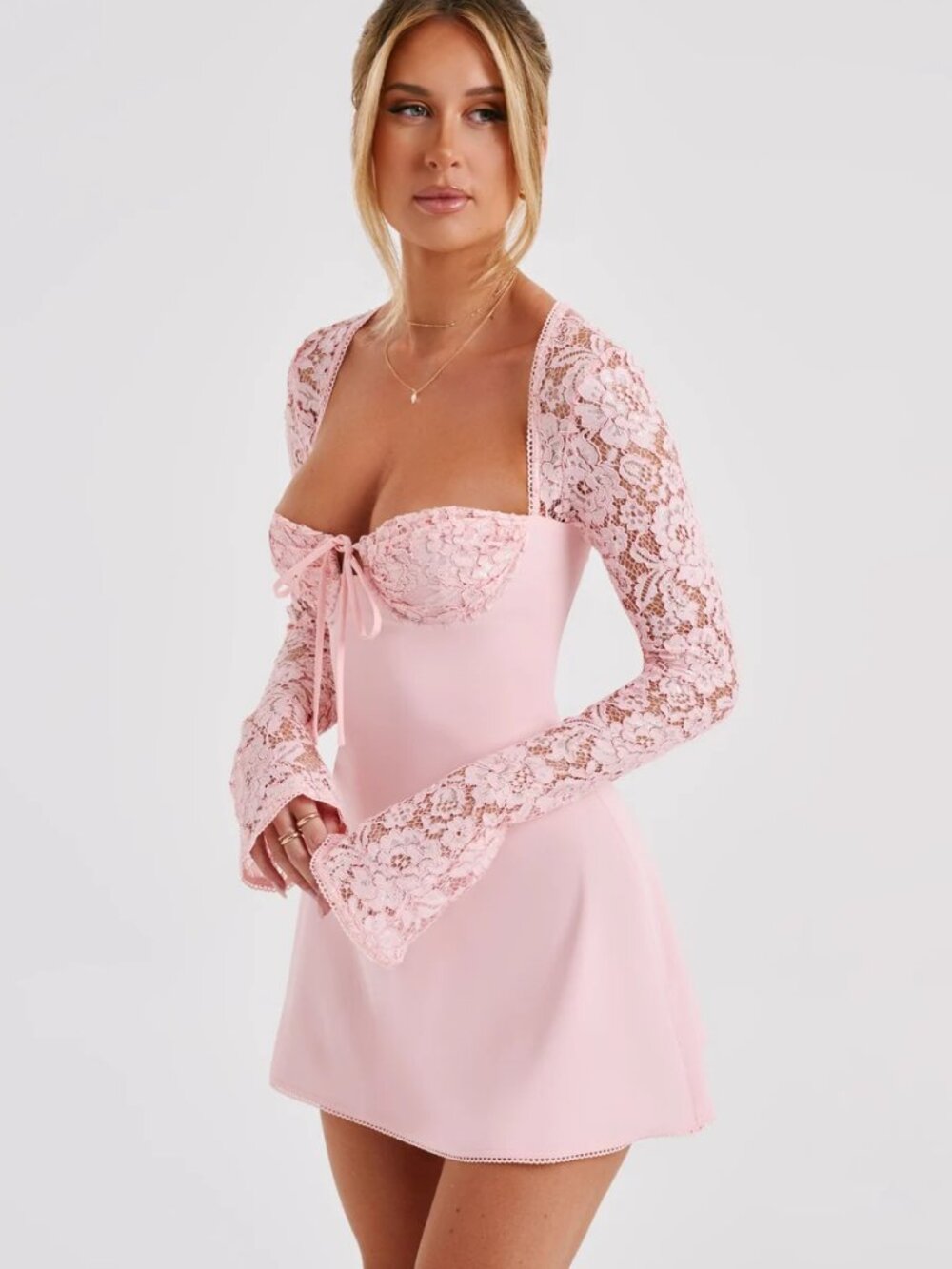 BABYBOO Jacinta Blush Pink Lace Flared Sleeve Corset Mini Dress, Size S - Picture 3 of 15